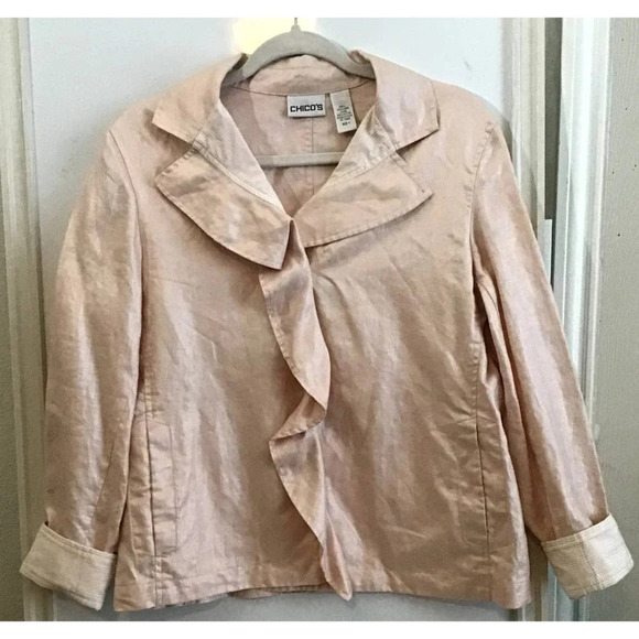 Chico's Womens size 1 US 8 M Soft Pink Button Down Ruffle Linen Jacket - Picture 6 of 6